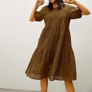 Everlane The Tiered Eyelet Midi Dress Puff Sleeves, Walnut Brown, Medium